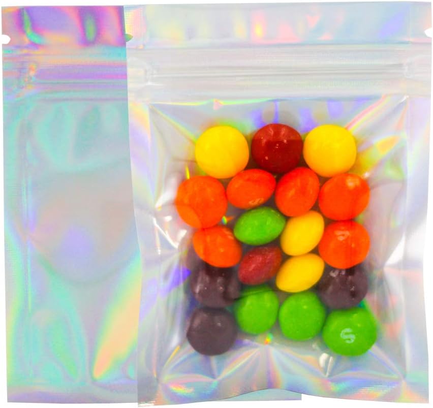 100 Pack Holographic Bags 3.3x5.1 Inches, Resealable Mylar Bags Food Safe Material ZipLock Food Storage Foil Pouch Bag (3.3 x 5.1 Inch)