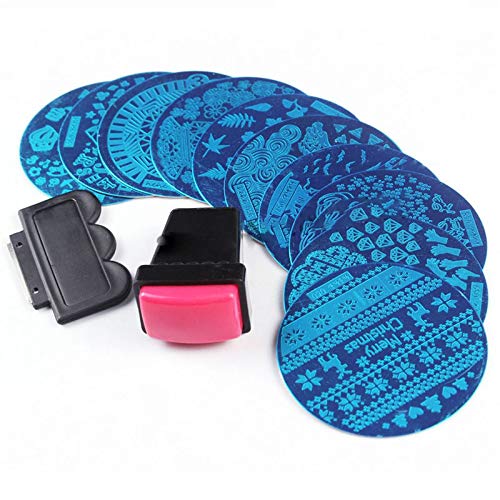 10 Pcs Nail Stamping Plates + 1 Pcs Red Stamper Stamping Kits Round Metal Plates DIY Nail Tools