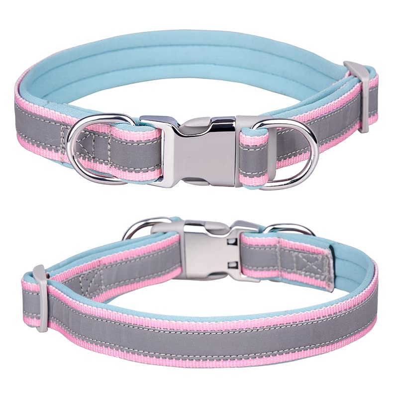 haoyueer Reflective Nylon Dog Collar with Safety Buckle, Adjustable Pet Collars with Soft Neoprene Padding for Small/Medium/Large Dogs (M fit neck 31-50cm, Light Blue)