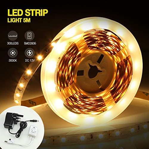 infinitoo Warm White LED Strip Lights Kit, 6500K Super Brightness Dimmable 300 SMD2835 LEDs, 16.4ft/5M 12V Power Adapter 44 Key IR Remote Control LED Ribbon for Home Kitchen Indoor DIY Decoration