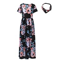 Girls Floral Maxi Dress Toddler Short Sleeve Dresses with Headband