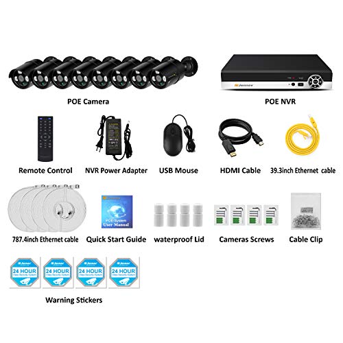 8 Channel POE Security Camera System, Jennov POE Security Camera System NVR Kit with 8 Outdoor suveillance Cameras 1080P HD Plug&Play Free APP Motion Detection Night Vision for Home Business(No HDD)