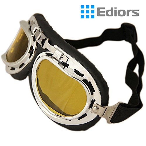 Ediors® Sports WWII Raf Vintage Aviator Pilot Style Motorcycle Cruiser Scooter Goggle T01 Transparent lens (Chrome Frame, Amber Lens)