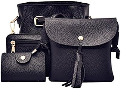 EUNOMIA 4Pcs/Set Fashion Women Faux Leather Shoulder Tote Purse Messenger Clutch Bag (Black)