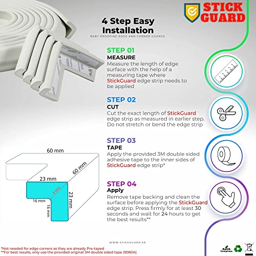 StickGuard Baby Safety Corner Guard, Table Edge Corner Protector Strip for Kids, Baby Proofing Foam for Furniture Edges & Corner Guard Cushion Set Child Protection Bumper Strip - 4 Meters (White)