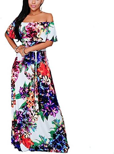Frockstyle Women's Sexy Maxi Cocktail Bodycon Dresses Ruffle Plain Off Shoulder Floral Print (L, 7256#)