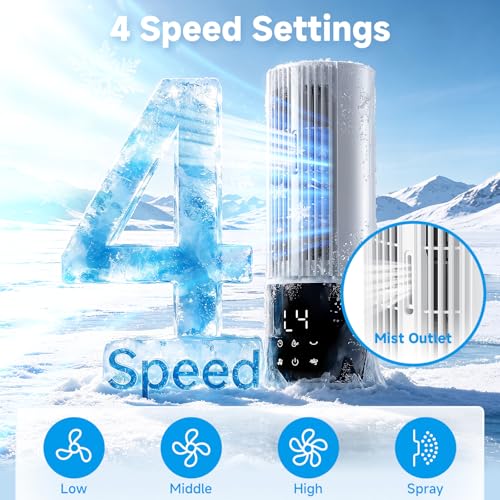 Portable Air Conditioner Air Cooler 6-in-1 Portable Tower Fan,3 Speeds, Storm Mode Mist,Remote Control,Automatic Oscillation,8H Timer LED Display with Ice Pack for Home & Office Use（Pure White）