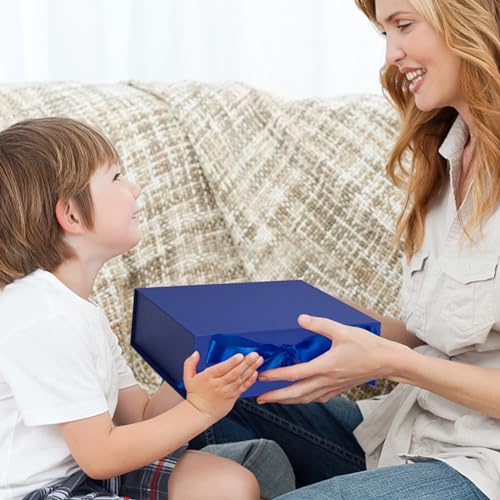 Shindel Magnetic Closure Lid Gift Box, Blue Luxury Gift Box Closure Collapsible Gift Box with Ribbon Card Envelope for Anniversary Gift