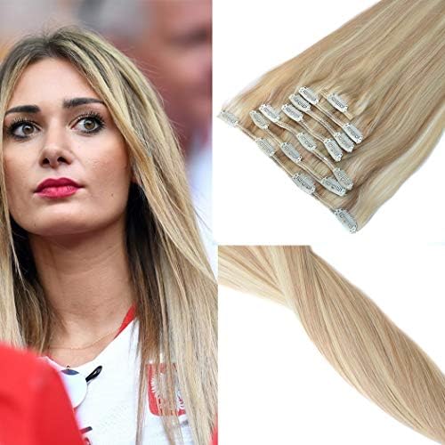 KOCONI Clip in Extensions Remy Human Hair Ombre Highlights Seamless clip in hair extensions 7pcs 120gram for full head (16", P18/613)