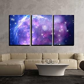 3 Piece Canvas Wall Art - Purple Space Nebula - Modern Home Art Stretched and Framed Ready to Hang - 16"x24"x3 Panels