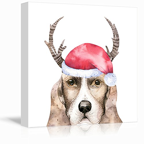 Square Dog Series Watercolor Style Painting of a Dog Wearing a Christmas Hat and Antlers Home Art