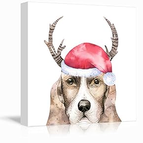 Square Dog Series Canvas Wall Art - Watercolor Style Painting of a Dog Wearing a Christmas Hat and Antlers - Giclee Print Gallery Wrap Modern Home Art Ready to Hang - 12x12 inches