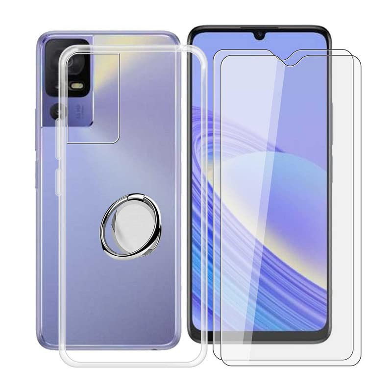 HGJTF Phone Case for TCL 40 SE/T610K (6.75'') + 2 X Tempered Glass Film, [with 360° Rotation Ring Holder] Transparent TPU [Shockproof X Anti-Yellow] Soft Silicone Phone Cover for TCL 40 SE/T610K