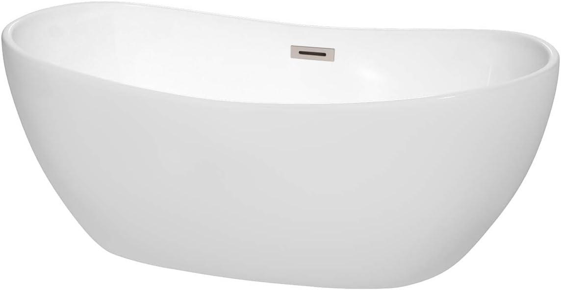 Rebecca 60 inch Freestanding Bathtub in White with Brushed Nickel Drain and Overflow Trim