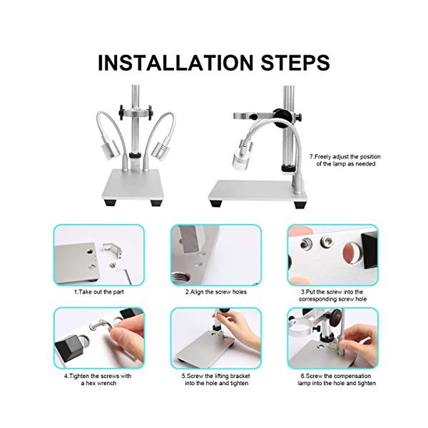 Jiusion Ständer mit 2 Lampen aus Aluminiumlegierung, universell verstellbar, professioneller Standhalter, Tischhalterung für max. 3,5cm Durchmesser USB-Digital-Mikroskop-Lupe, Lupe Kamera – Bild 6