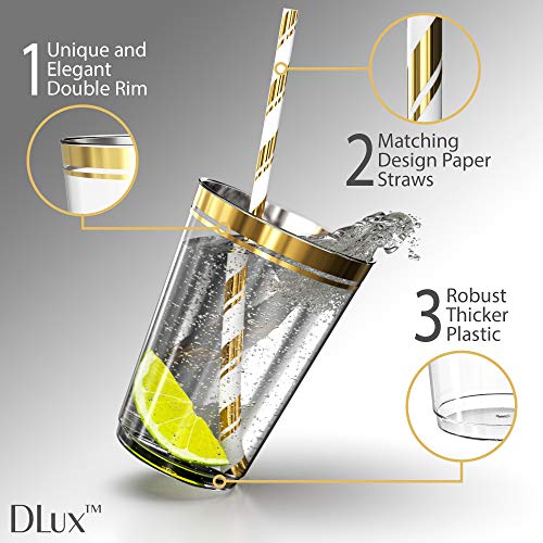 Gold Plastic Dinner Plates Disposable Dinnerware Set for 25 Guests | 12 oz Rimmed Cups & Straws | Cocktail Recipe eBook | 175 Pieces [25 Forks, Knives, Spoons, Cups, Salad & Dinner Plates] - Thumbnail 3