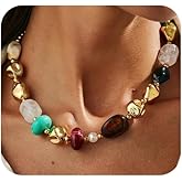 Uarein Bohemian Colorful Irregular Resin Metal Bead Necklace,Ethnic Gold Chunky Beaded Collar Necklace Punk Party Jewelry Accessories Gift for Women