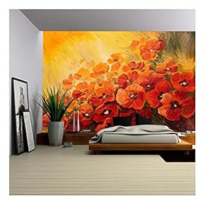 Oil Painting - Abstract Illustration of Poppies on a red-Yellow Background, Wallpaper - Removable Wall Mural | Self-Adhesive Large Wallpaper - 66x96 inches