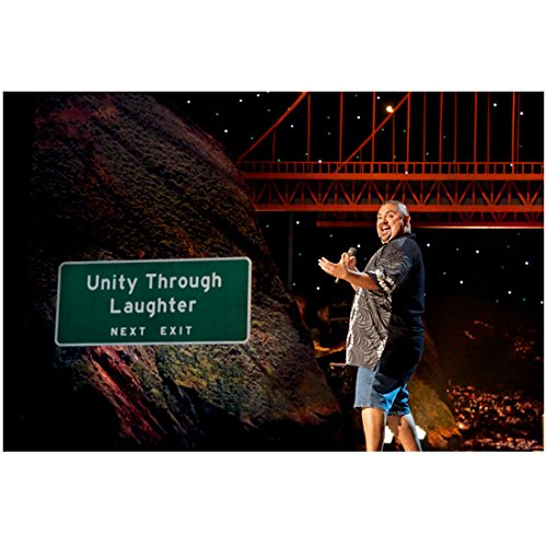 Gabriel Iglesias 8 inch by 10 inch PHOTOGRAPH The Fluffy Movie: Unity Through Laughter (2014) on Stage from Ankles Up Next to Sign kn