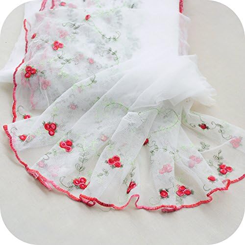 11" Width Premium Rose Embroidered Antique Retro Floral Mesh Lace Fabric Embroidered Dress Edge Lace Trim Fabric Ribbon Wedding Bridal Veils Craft Tulle Lace Trim--by the yard (Red)