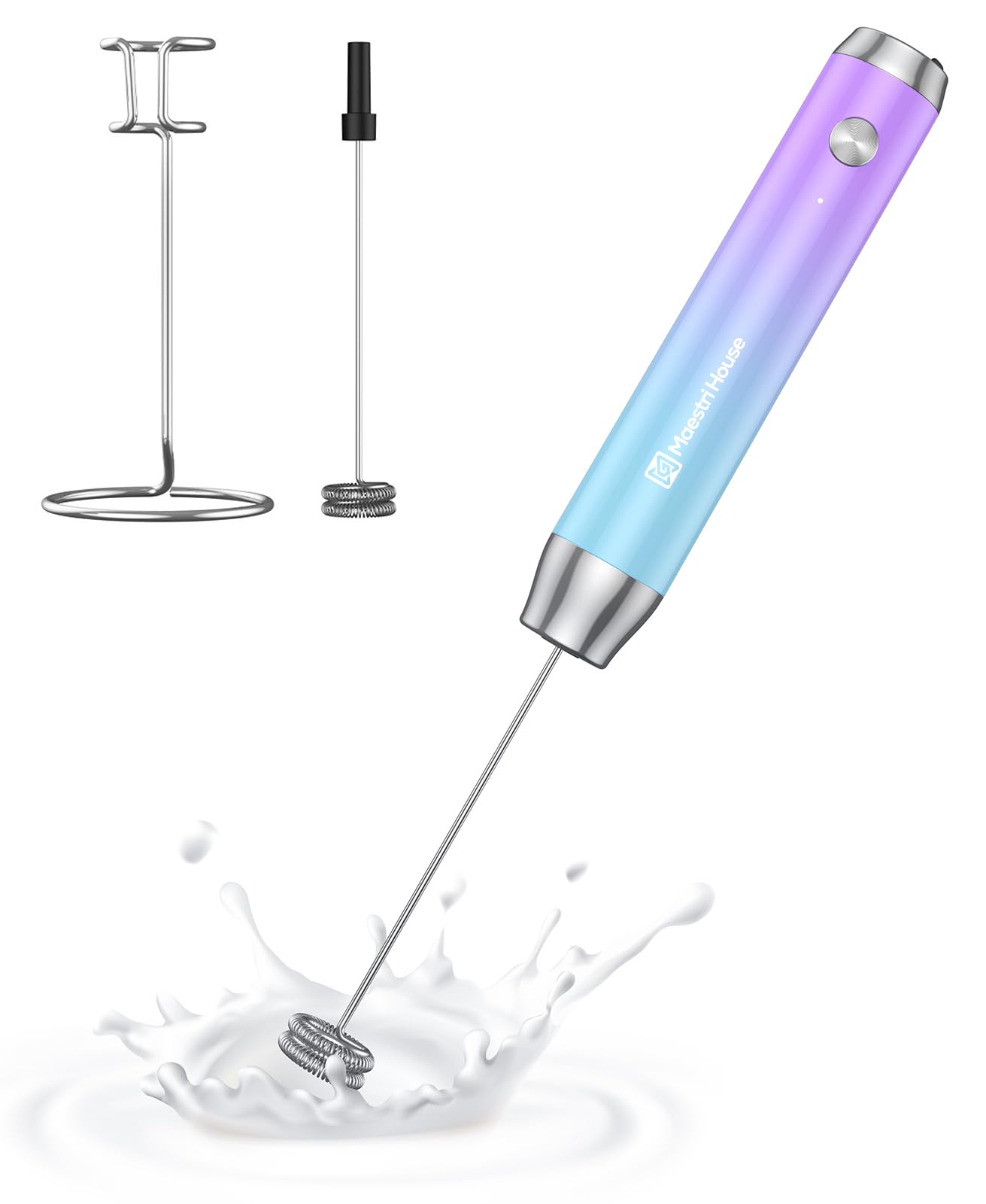 Maestri House Rechargeable Milk Frother with Stand, Handheld Electric Foam Maker Waterproof Detachable Stainless Steel Whisk Drink Mixer Foamer for Lattes, LunaFro (Purple and Blue)