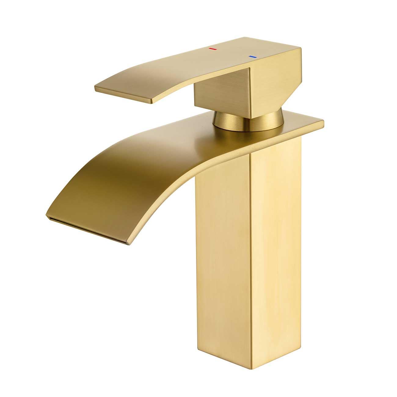 ONECE Gold Waterfall Basin Faucet, Bathroom Waterfall Mixer Tap, Single Hole Gold Beach Faucet, Ceramic Cartridge