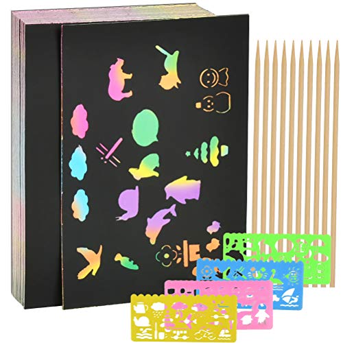 YANSHON 100 Piece Rainbow Magic Scratch Paper, Black Doodle Pad with Rainbow Background for Kids, Scratch Off Art Notes Boards with 10 Wooden Stylus and 4 Drawing Stencils