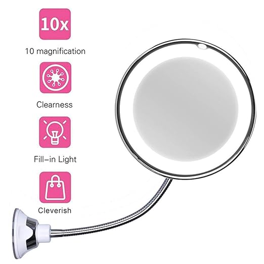 8INCH Flexible Gooseneck LED Lighted 10X Magnifying Makeup Mirror with