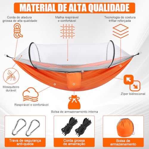 Gavzrt 260 x 140 cm Rede de Descanso com Mosquiteiro, Rede de Dormir Camping Construção Rápida, Portátil Dobrável Rede de Árvore Acampamento, Rede Camping com Nylon