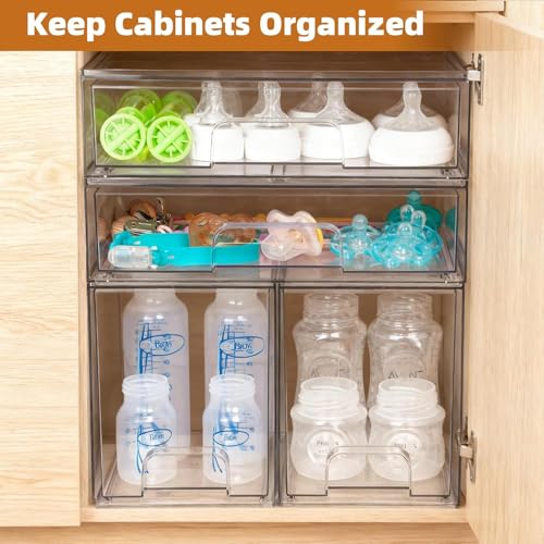 Bottle Storage Organizer Baby, Acrylic Bottles Station Organizer Container, Stackable Clear Drawers for Countertop, Vanity, Bathroom, Cabinet, Pantry Organization (4 Pack)