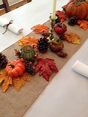 Thanksgiving Tablecloth, Napkins and Decorative Fall Setting, Set Includes White Linens (Natural Burlap Runner)