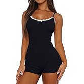 Lacozy Sexy One Piece Pajamas for Women Lightweight Lace Trim Cute Pjs U Neck Sleeveless Short Romper Onesie Sleepwear
