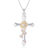 ACECHA Cross Necklace for Women | Silver Faith Birthstone Cross Pendant with Birth Flower Jewelry Gifts for Teen Wife Women for Birthday Anniversary