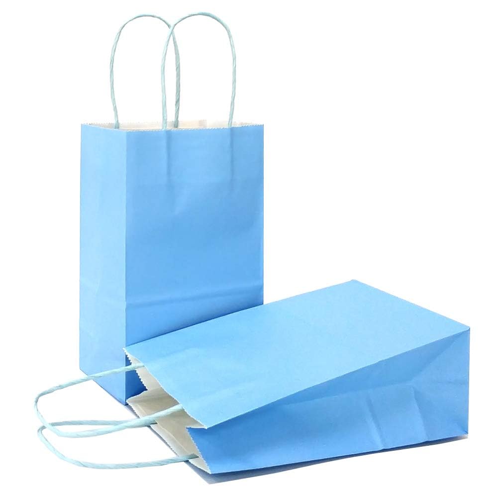 AZOWA Blue Gift Bags Small Kraft Paper Bags with Handles (22 x 16 x 8 CM, Light Blue, 25 Pcs)