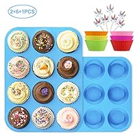 Numola 2 pack Silicone Muffin & Cupcake Baking Pans, Regular 12 Cups Muffin Tin(blue), BPA Free & 100% Food Grade Non-stick Silicone Baking Molds with 6 pack Baking Cups & 24pcs Cupcake Toppers