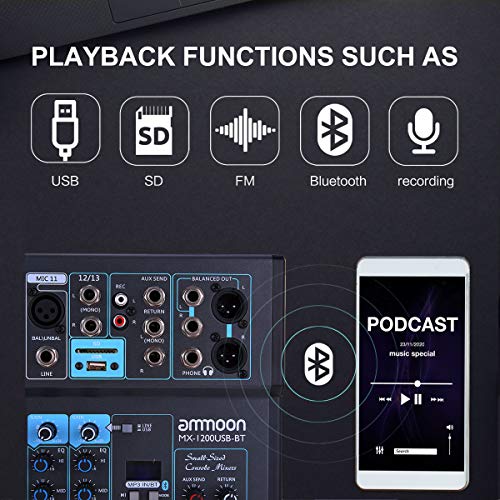 ammoon 12-Channel Mixing Console Mixer Built-in 16 DSP Effects