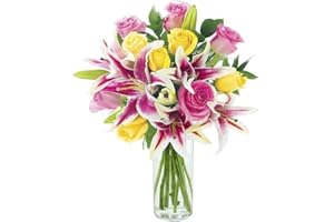 KaBloom PRIME NEXT DAY DELIVERY - Fall Collection - -Bouquet of 5 Pink Rose 5 Yellow Rose 5 Pink Stargazer lily with Greens With Vase .Gift for Birthday, Easter,Mother’s Day Fresh Flowers