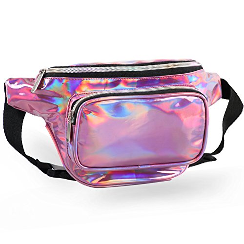 MUM'S MEMORY Metallic Hologram Fanny Pack â€“ Outdoor Sport Waist Pack for Running, Hiking, Traveling for Women and Men (Pink)