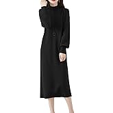 Ailaile 100% Merino Wool Sweater Dress Women's Mock Neck Lantern Sleeve Pullover Autumn Winter Knitted Long Dress