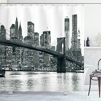 Ambesonne Modern Shower Curtain, Brooklyn Bridge Sunset with Manhattan American New York City Famous Town Image, Cloth Fabric Bathroom Decor Set with Hooks, 70