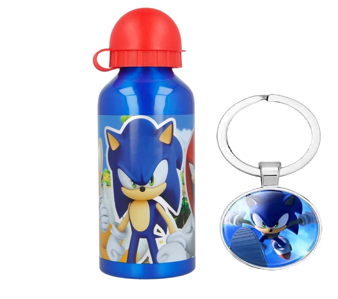 Sonic Characters Aluminium Sports Bottle 400ml - Holiday, Back to School Water Drinking Kids Lunch Children Includes Sonic Keychain