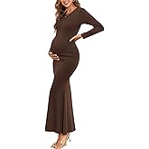 AISWI Maternity Bodycon Mermaid Maxi Dress Sexy Crew Neck Long Sleeve Ribbed Pregnancy Dresses Fall Baby Shower Photoshoot