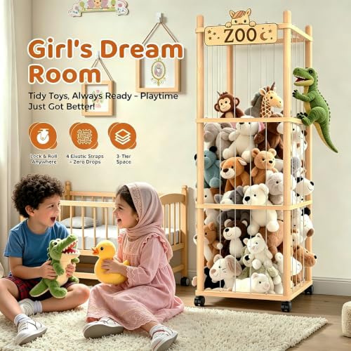 Stuffed Animal Storage, Wooden Large Stuffed Animal Holder Organizer with Wheels, Extra Large Capacity Plush Toy Cage, Stuffed Animal Holder, Gift for Nursery Playroom Kidroom Bedroom