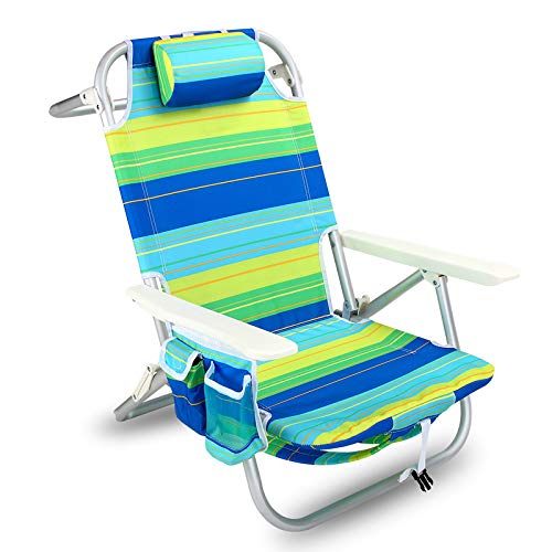 YATIO— 5 Positions Lay Flat Backpack Beach Chair Camping Chair, Aluminum Lightweight, Insulated Cooler, Drink Holder, Adjustable Pillow,Blue/Green Stripe