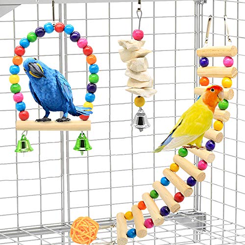 DOMIGLOW Bird Toys for Parrots - 12 Pack Bird Perch Ladder Hanging Chew Toys Colorful Parrot Toys Bird Cage Accessories for Cockatiel Parakeet Macaw Parrotlet Conure Lovebird (12Pcs)