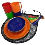 Camping Mess Kit 4 Person Dinnerware Set with Mesh Bag - Complete Dish Set Includes Plates, Bowls, Cups and Sporks - Perfect for Backpacking, Hiking, Picnic and Much More