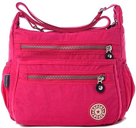 Women’s Lightweight Waterproof Nylon Crossboby Casual Shoulder Bag Messenger Bag with Zipper Pockets (Rose)