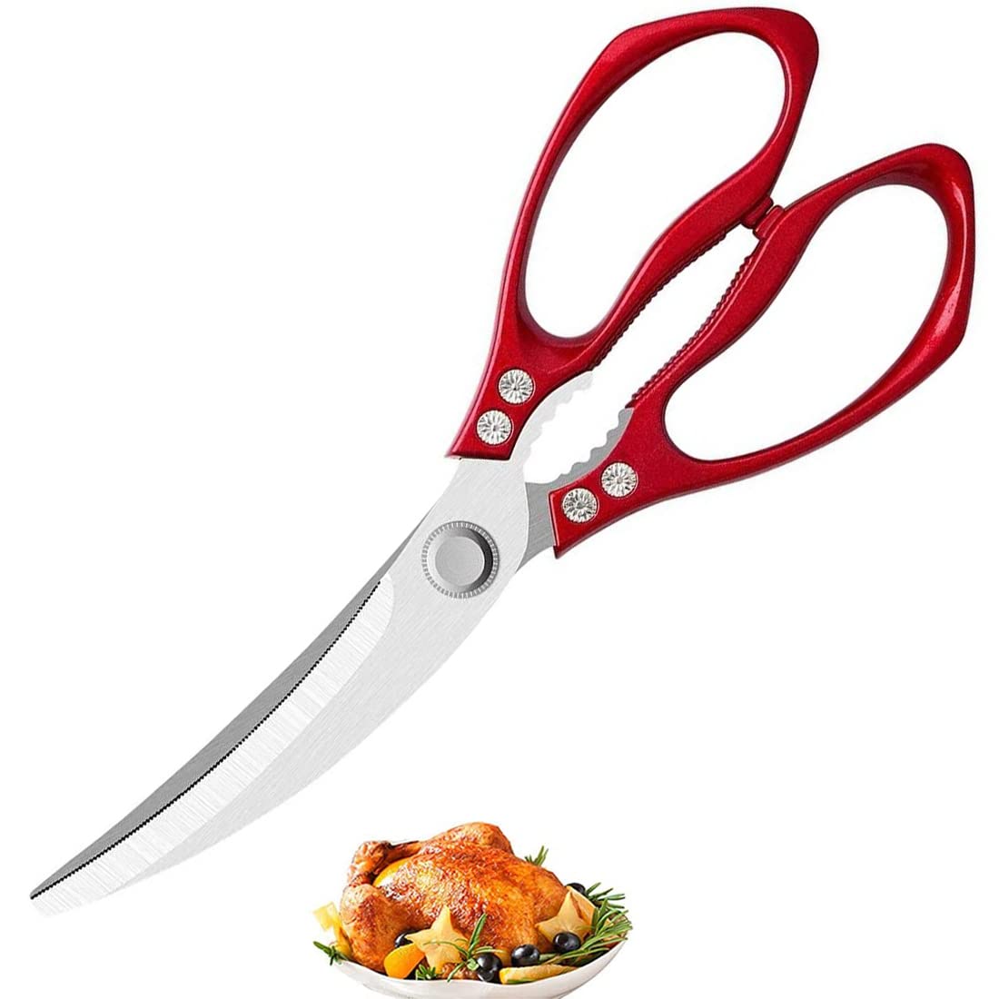 Stainless Steel Sharp Korean barbecue BBQ Kitchen Scissors Thickened Powerful Super Sharp professional Heavy Duty multipurpose steak chicken cooking household shears (Red)