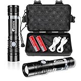 OTYTY USB Rechargeable LED Flashlight, Super Bright High Powered 1000 Lumen Tactical Flashlights Torch with 3 Modes, Pocket Clip, 18650 Battery and USB Cable For Camping Hiking (2 Pack)