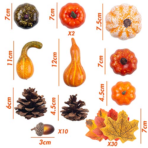 VGOODALL Künstliche Kürbisse Set, 50 Stück Seidenahornblatt Eicheln Tannenzapfen Kürbis für Herbstdekoration Halloween